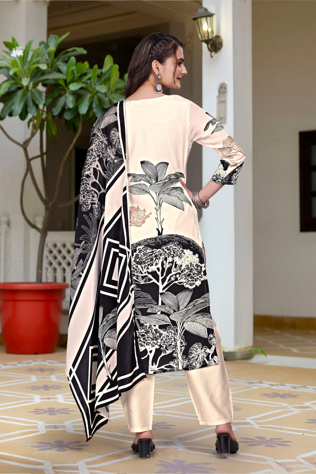 Monochrome Elegance: Cream & Black French Crepe Kurta Set with Botanical Prints and Geometric Dupatta