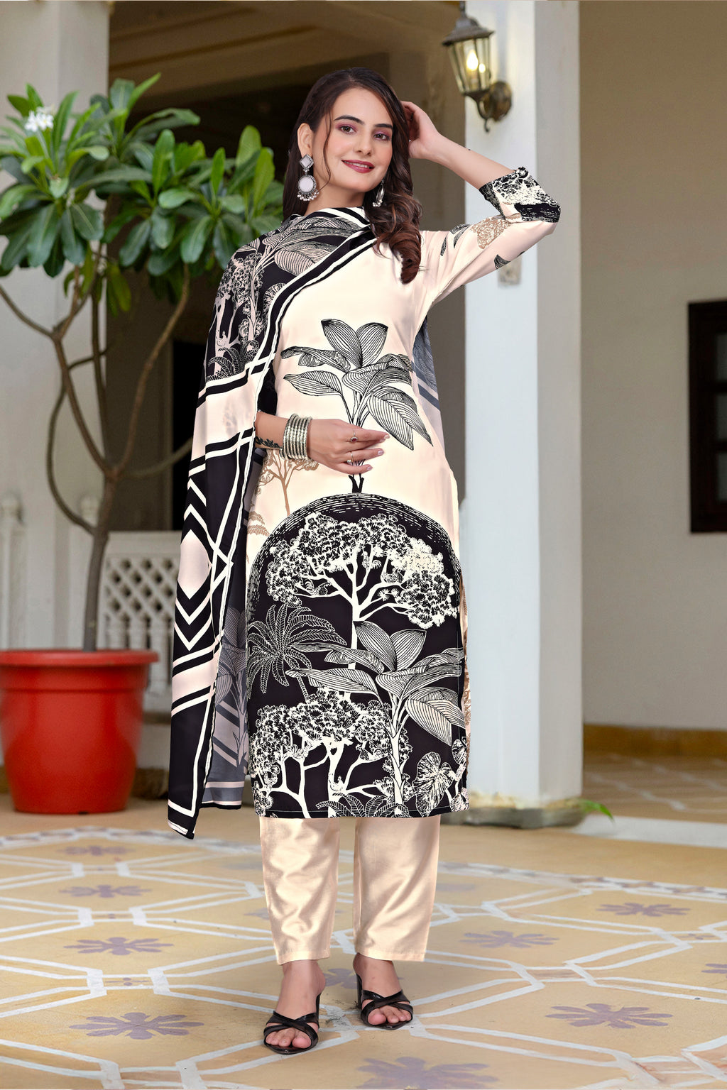 Monochrome Elegance: Cream & Black French Crepe Kurta Set with Botanical Prints and Geometric Dupatta