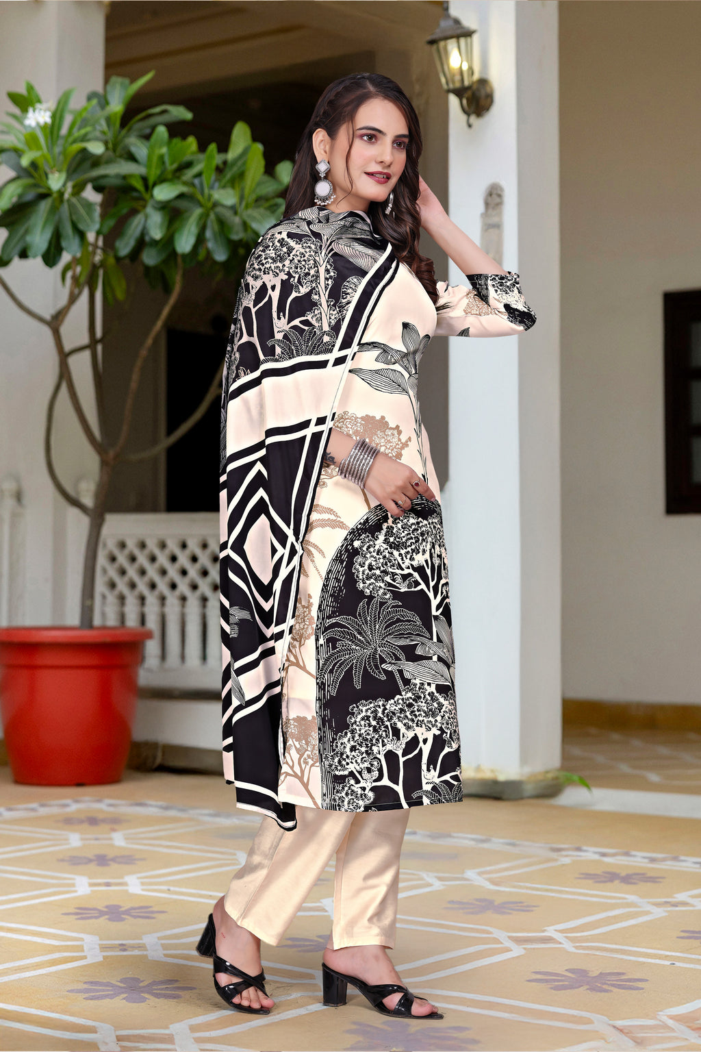 Monochrome Elegance: Cream & Black French Crepe Kurta Set with Botanical Prints and Geometric Dupatta