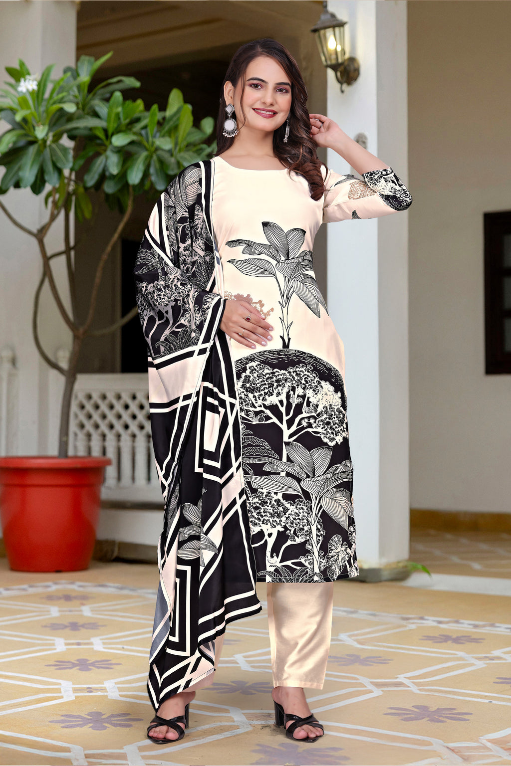Monochrome Elegance: Cream & Black French Crepe Kurta Set with Botanical Prints and Geometric Dupatta