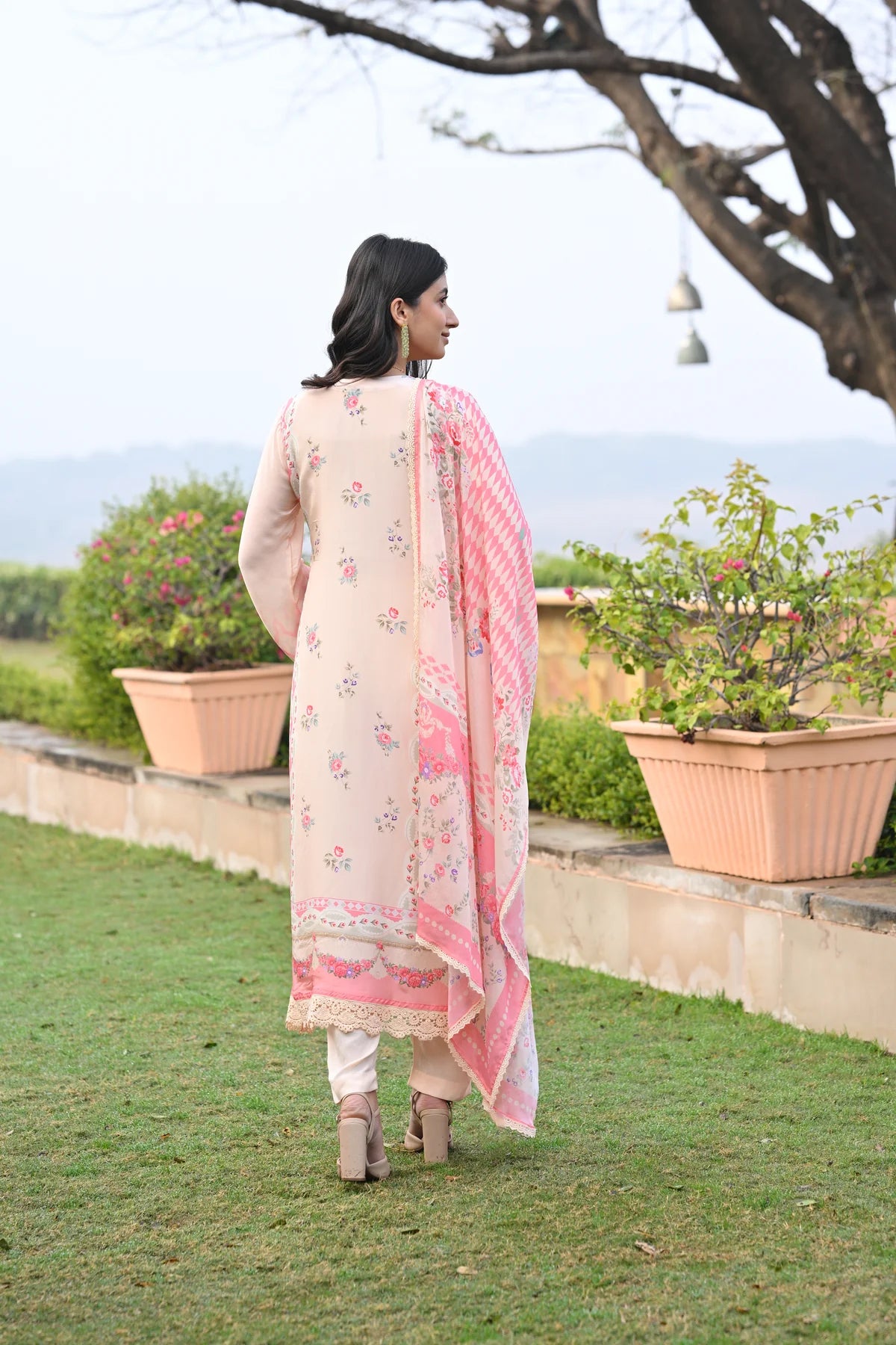 Blush Peach Chanderi Silk Kurta Set with Floral Prints & Scalloped Lace Detailing