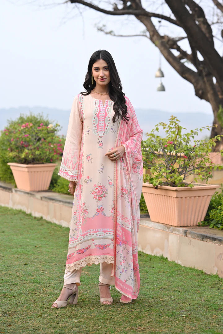 Blush Peach Chanderi Silk Kurta Set with Floral Prints & Scalloped Lace Detailing