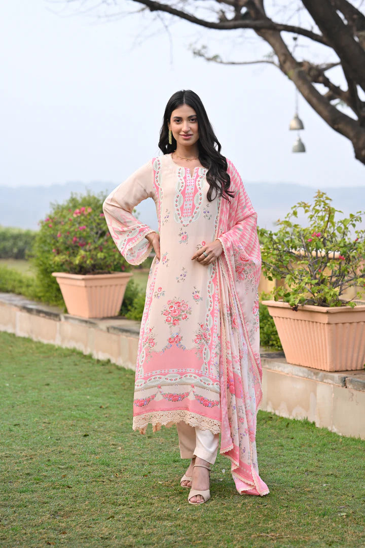 Blush Peach Chanderi Silk Kurta Set with Floral Prints & Scalloped Lace Detailing