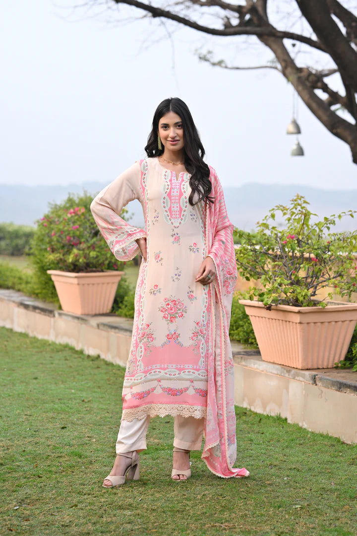 Blush Peach Chanderi Silk Kurta Set with Floral Prints & Scalloped Lace Detailing