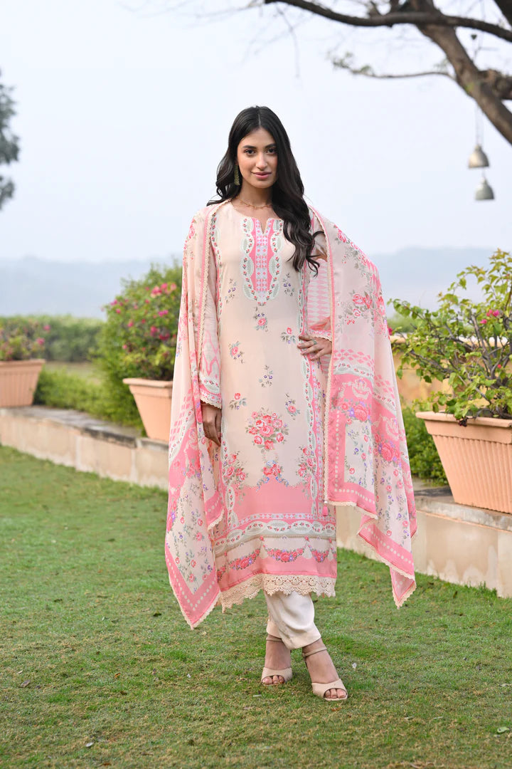 Blush Peach Chanderi Silk Kurta Set with Floral Prints & Scalloped Lace Detailing