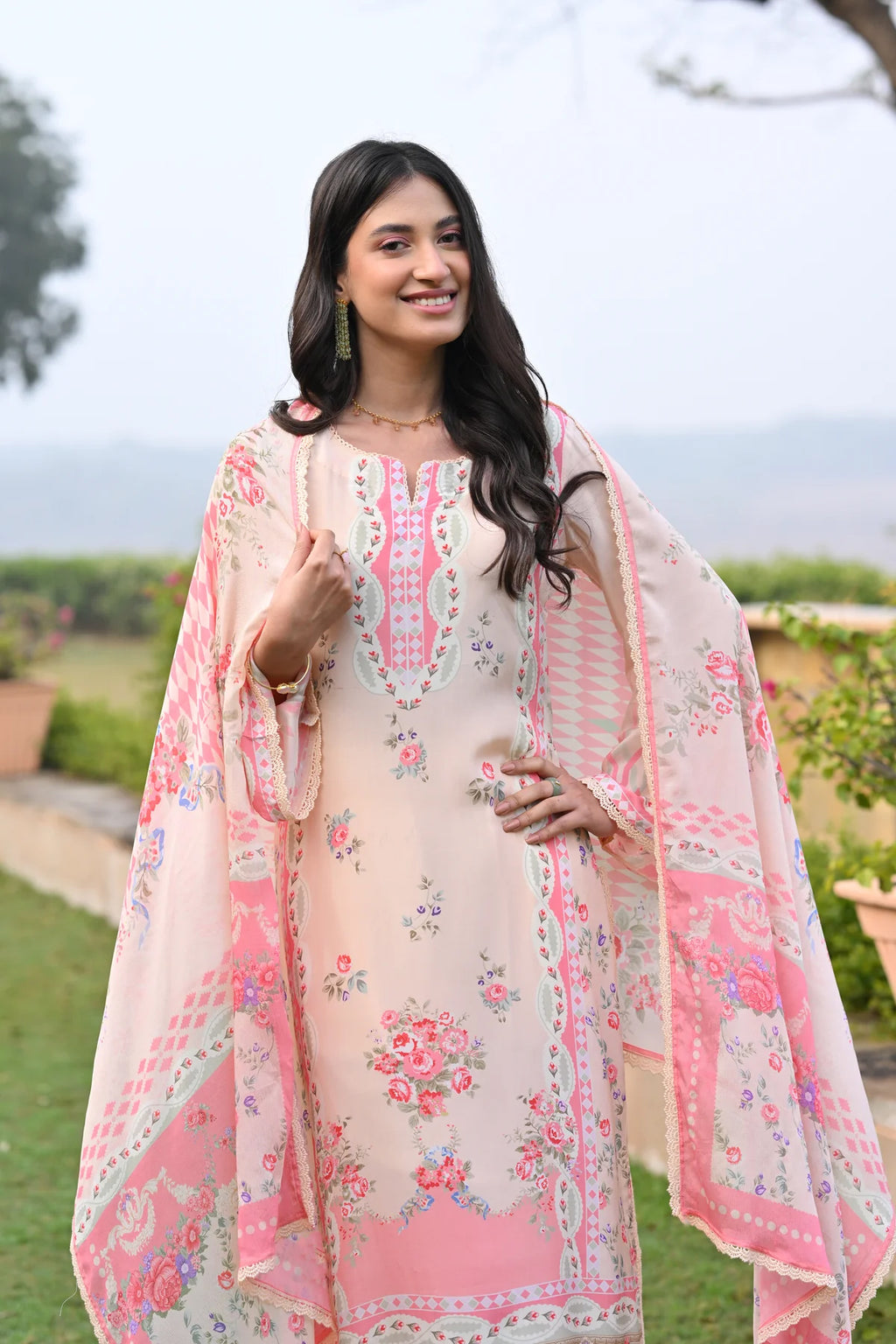 Blush Peach Chanderi Silk Kurta Set with Floral Prints & Scalloped Lace Detailing