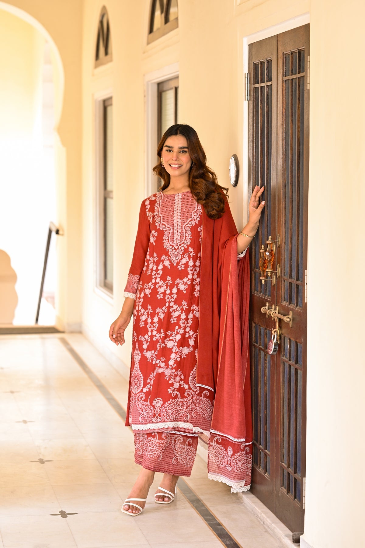 Rust Heritage Muslin Kurta Set with Allover White Floral Embroidery & Lace Detailing