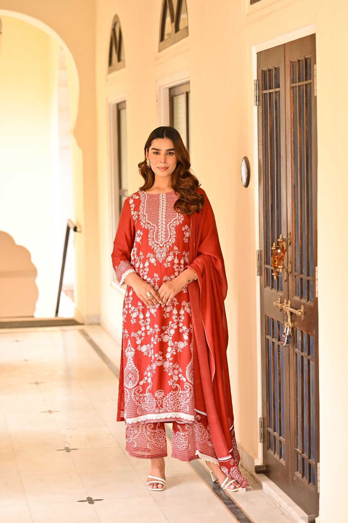 Rust Heritage Muslin Kurta Set with Allover White Floral Embroidery & Lace Detailing