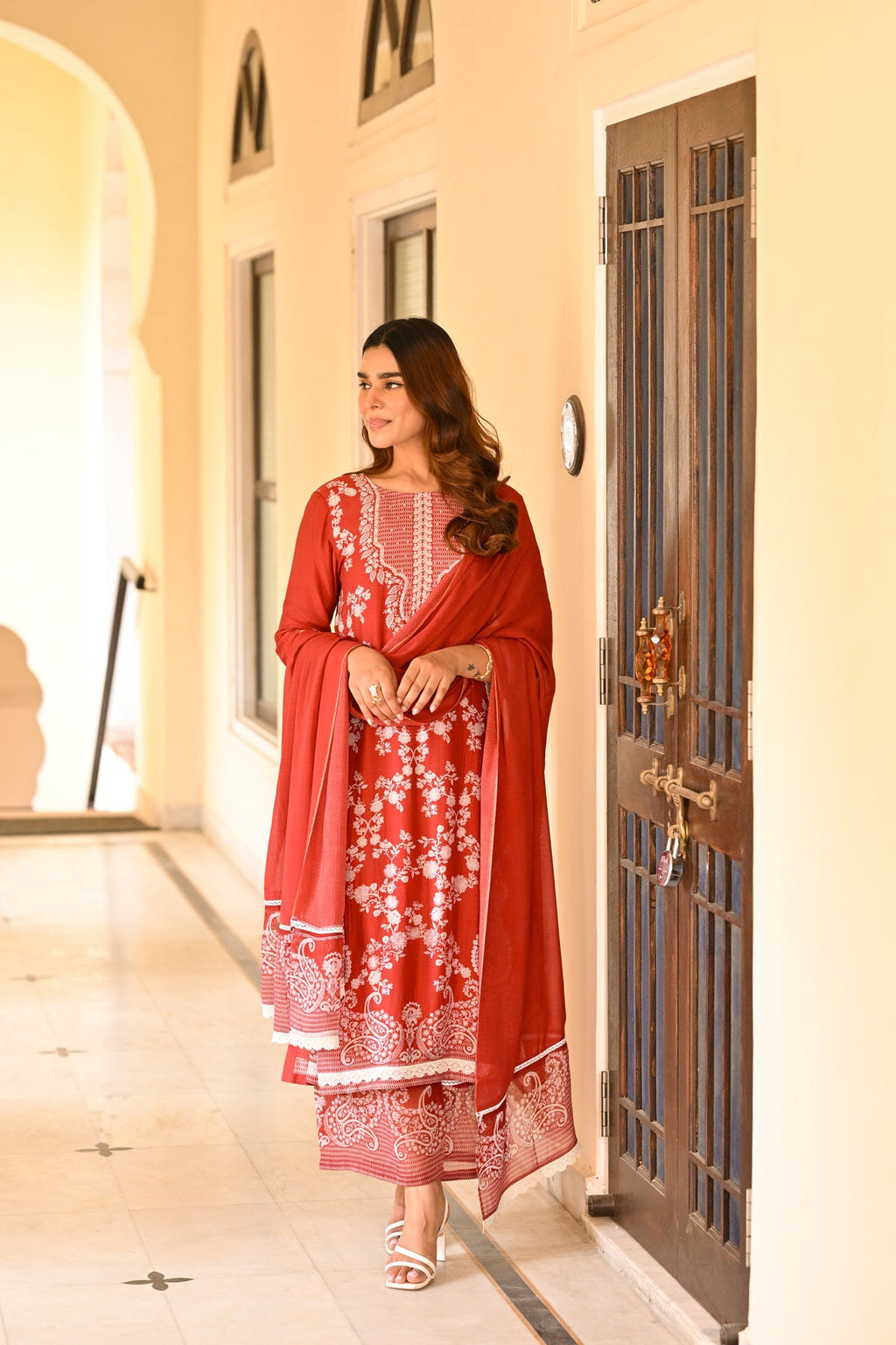 Rust Heritage Muslin Kurta Set with Allover White Floral Embroidery & Lace Detailing