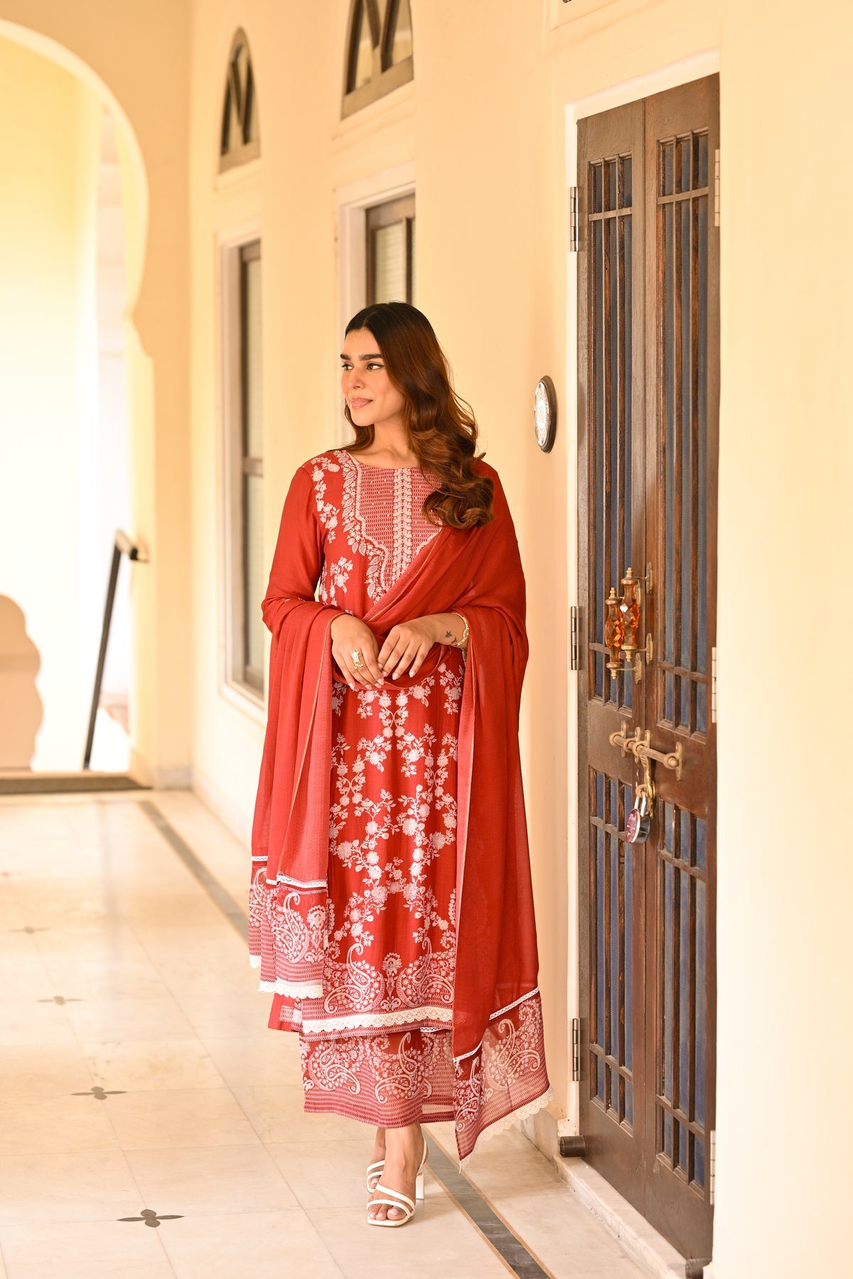 Rust Heritage Muslin Kurta Set with Allover White Floral Embroidery & Lace Detailing