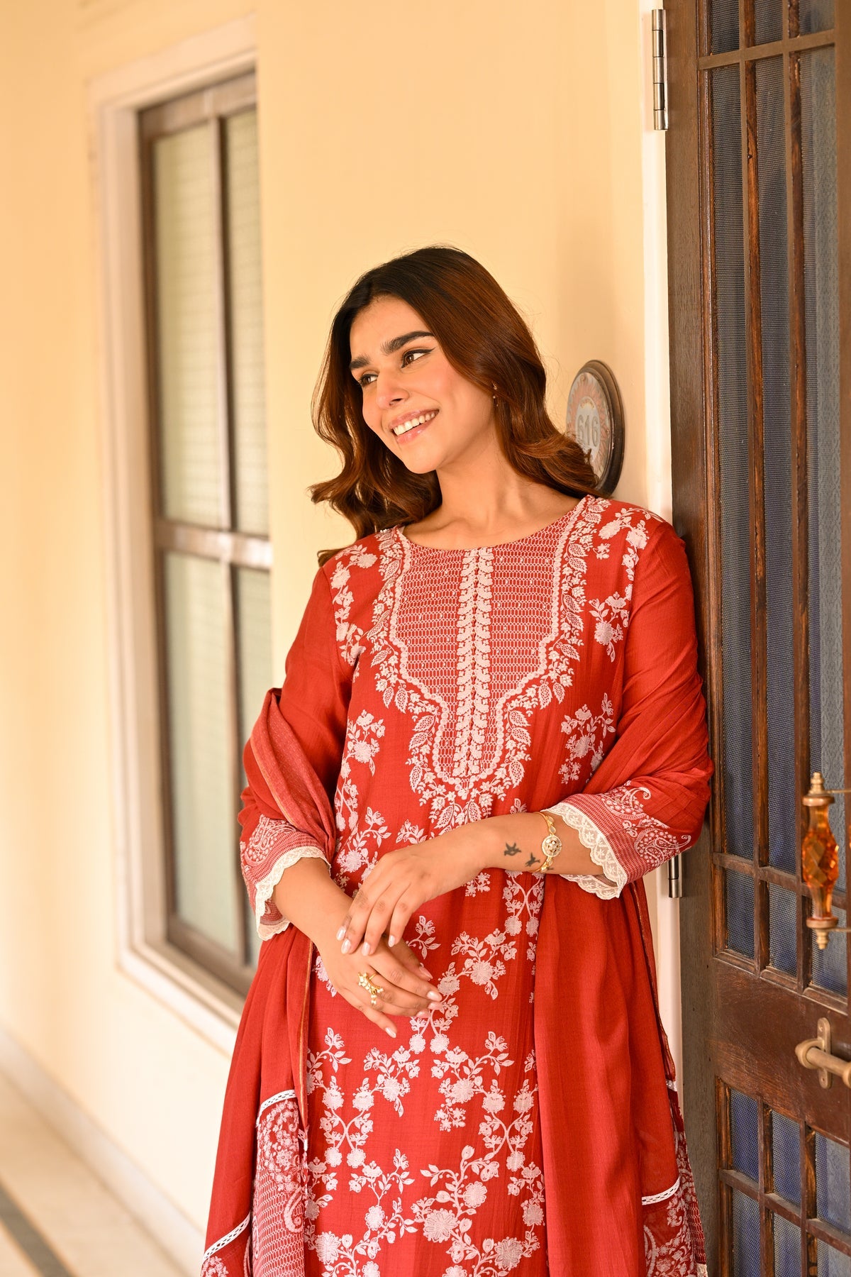 Rust Heritage Muslin Kurta Set with Allover White Floral Embroidery & Lace Detailing
