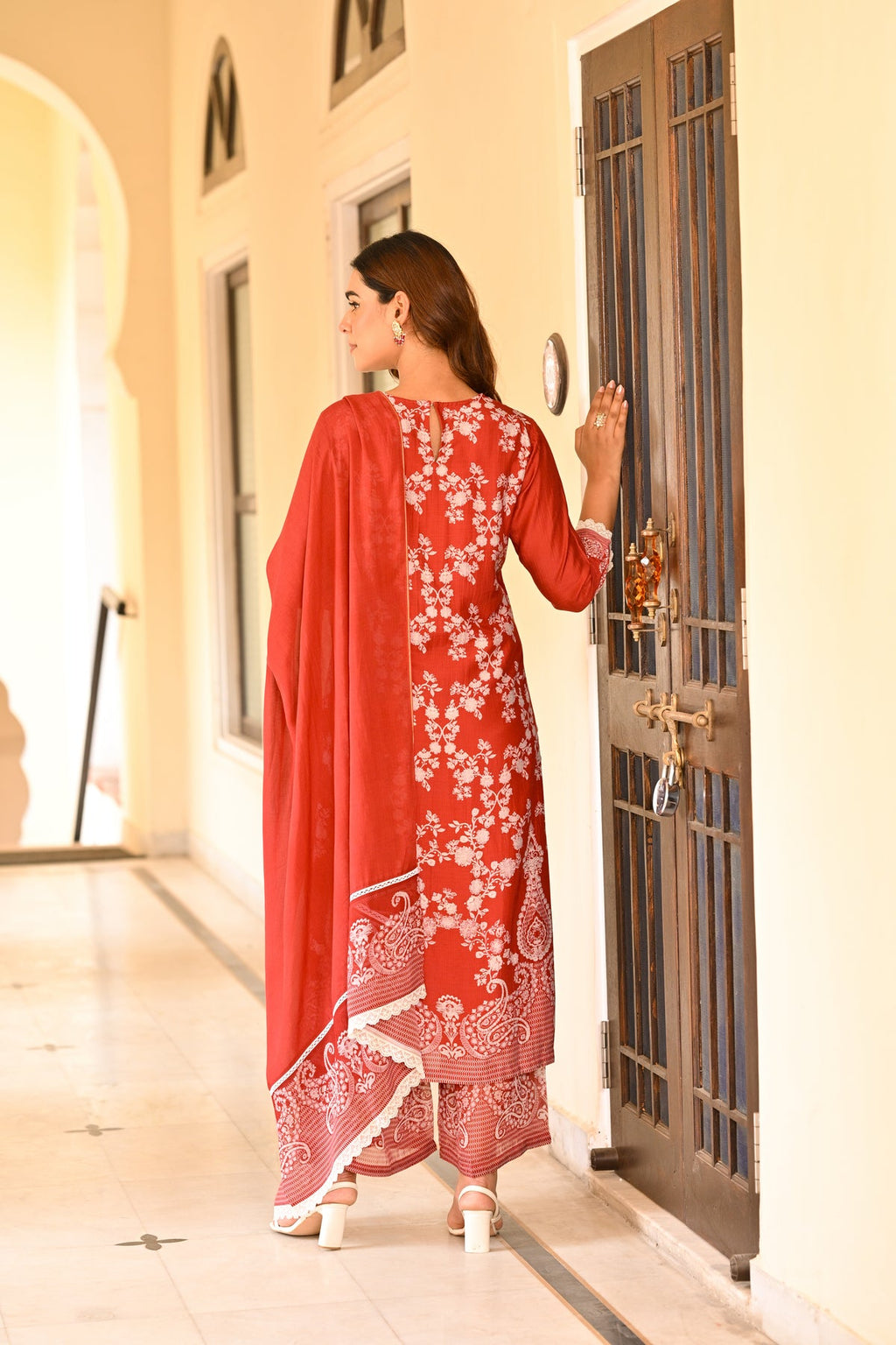 Rust Heritage Muslin Kurta Set with Allover White Floral Embroidery & Lace Detailing