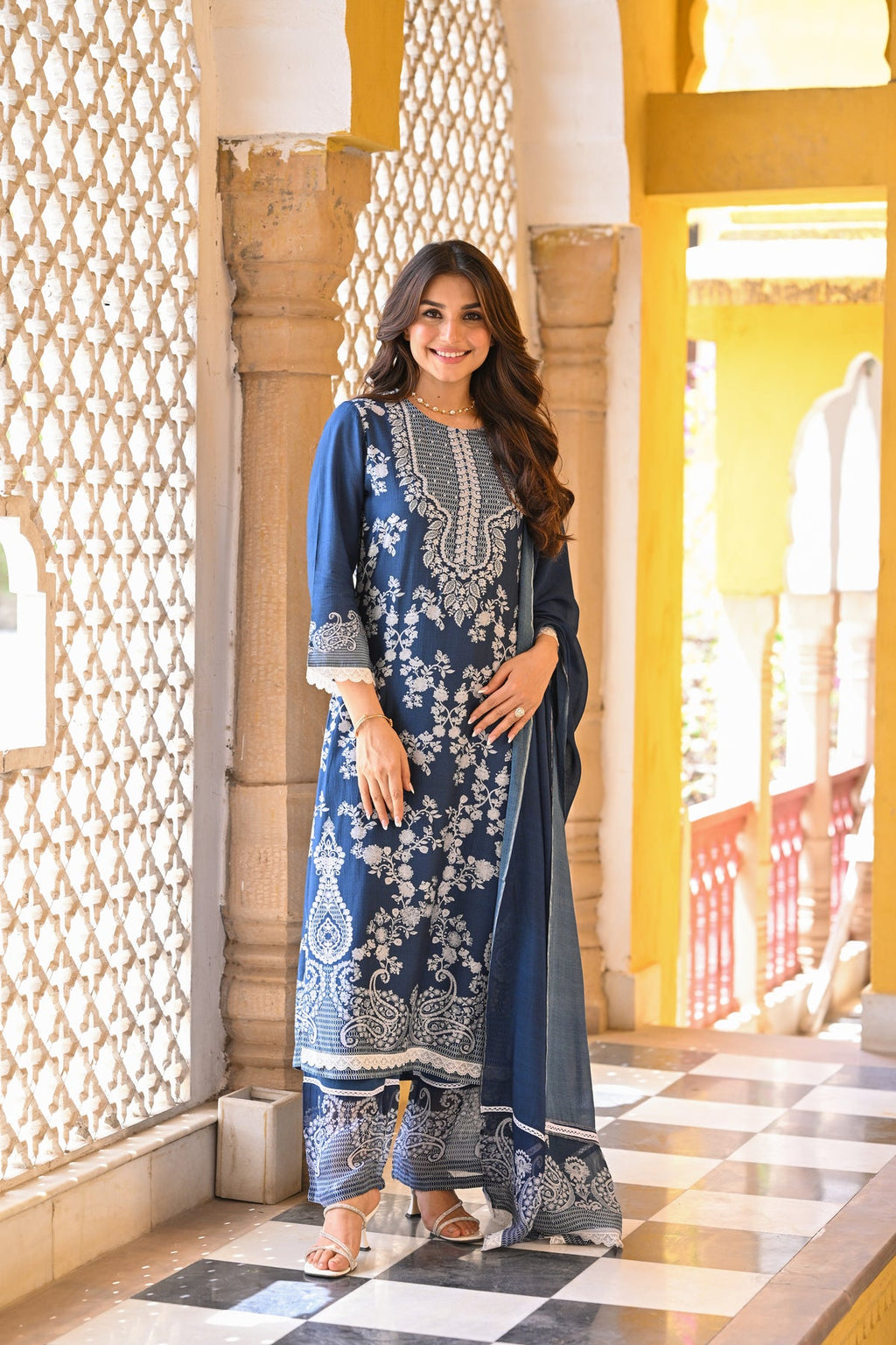 Midnight Teal Heritage Muslin Kurta Set with Allover White Kashmiri-Inspired Embroidery