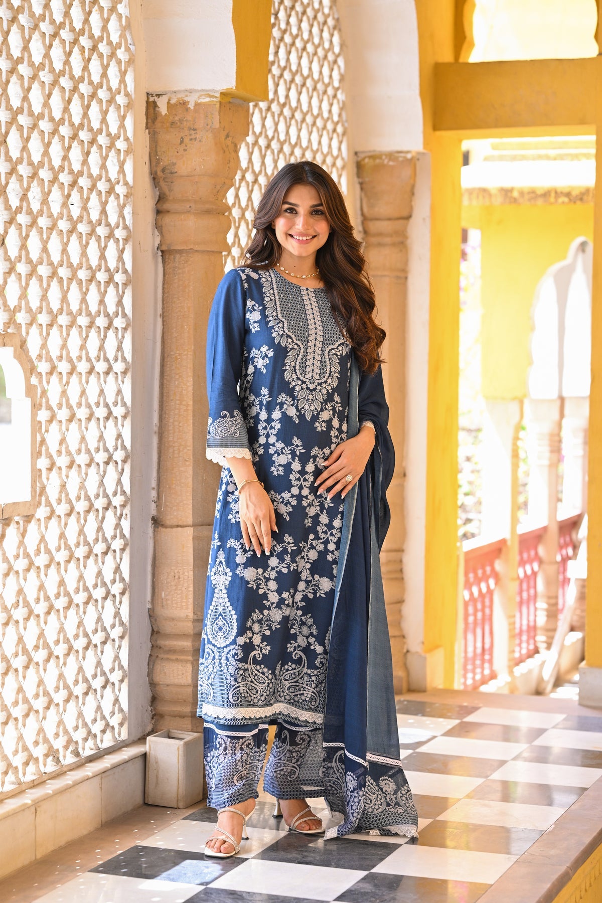 Midnight Teal Heritage Muslin Kurta Set with Allover White Kashmiri-Inspired Embroidery