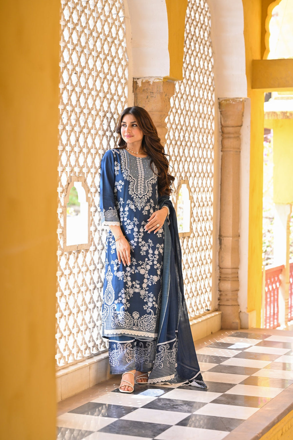 Midnight Teal Heritage Muslin Kurta Set with Allover White Kashmiri-Inspired Embroidery