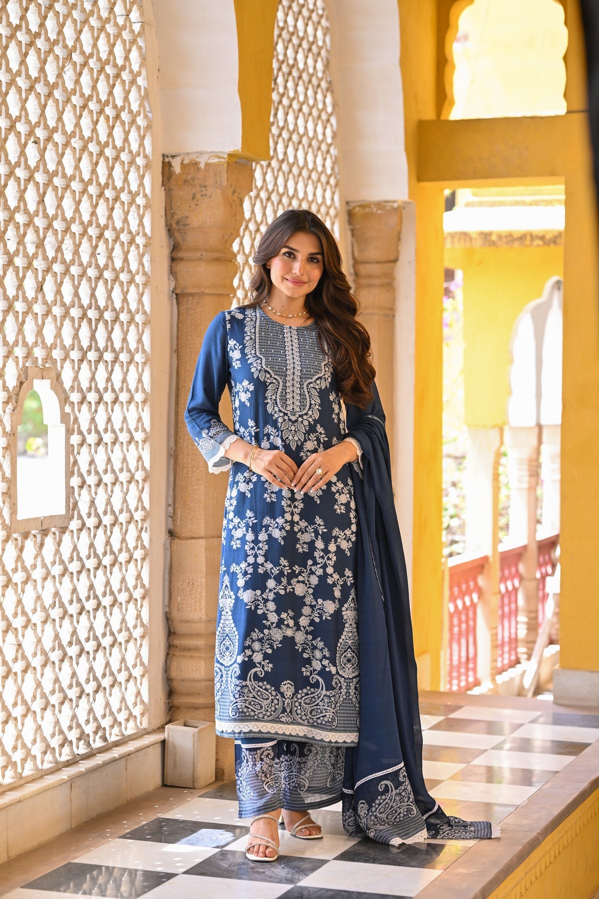 Midnight Teal Heritage Muslin Kurta Set with Allover White Kashmiri-Inspired Embroidery