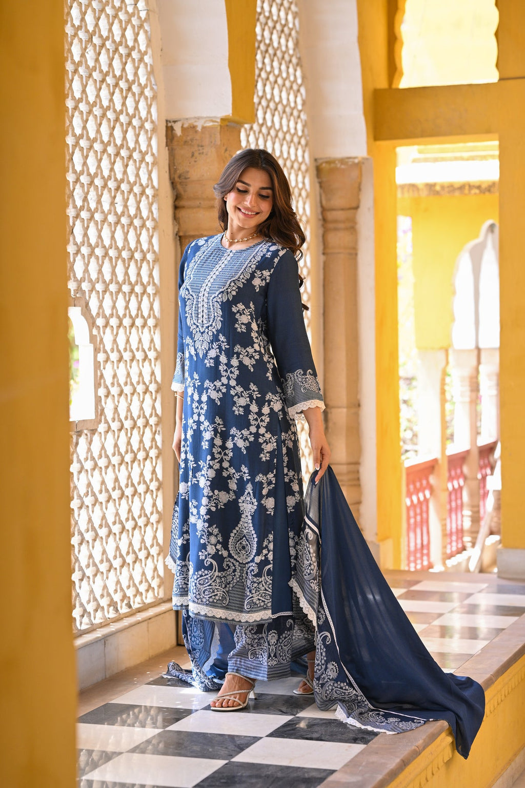 Midnight Teal Heritage Muslin Kurta Set with Allover White Kashmiri-Inspired Embroidery