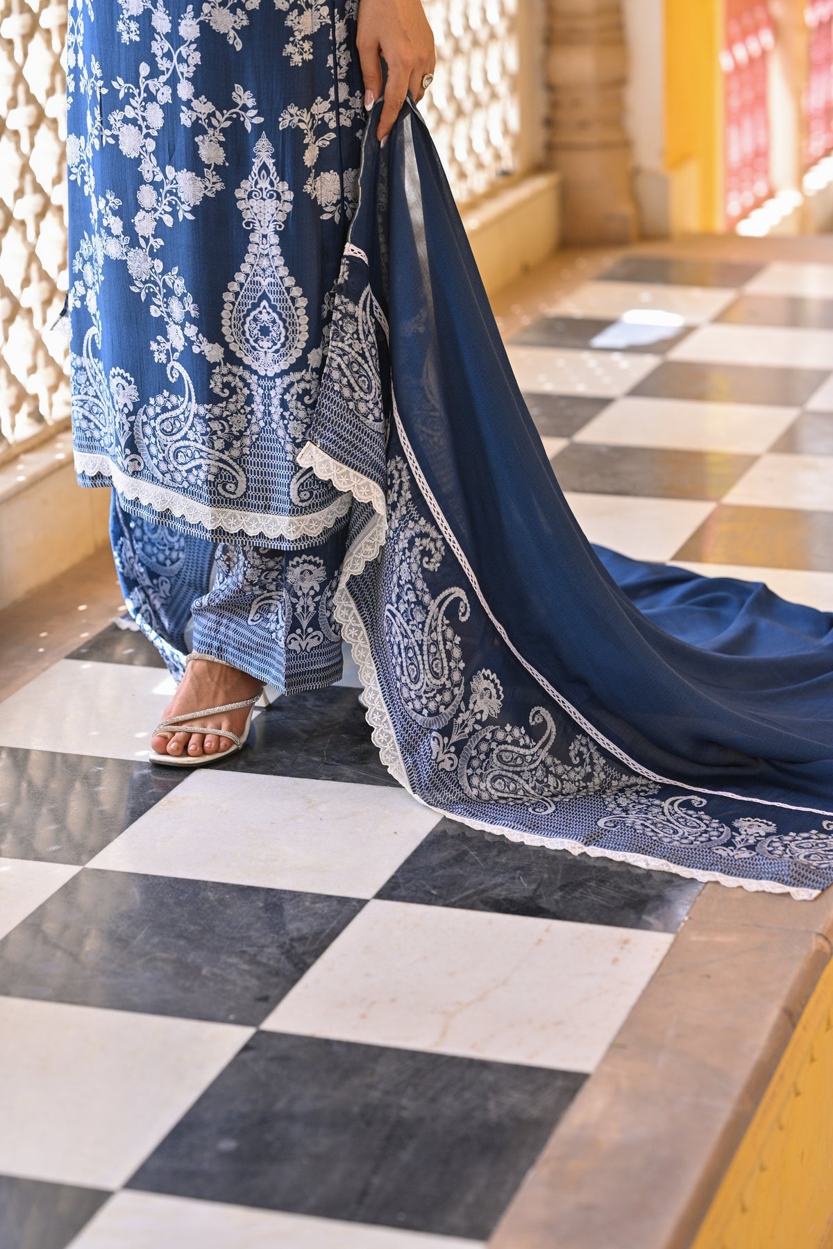 Midnight Teal Heritage Muslin Kurta Set with Allover White Kashmiri-Inspired Embroidery