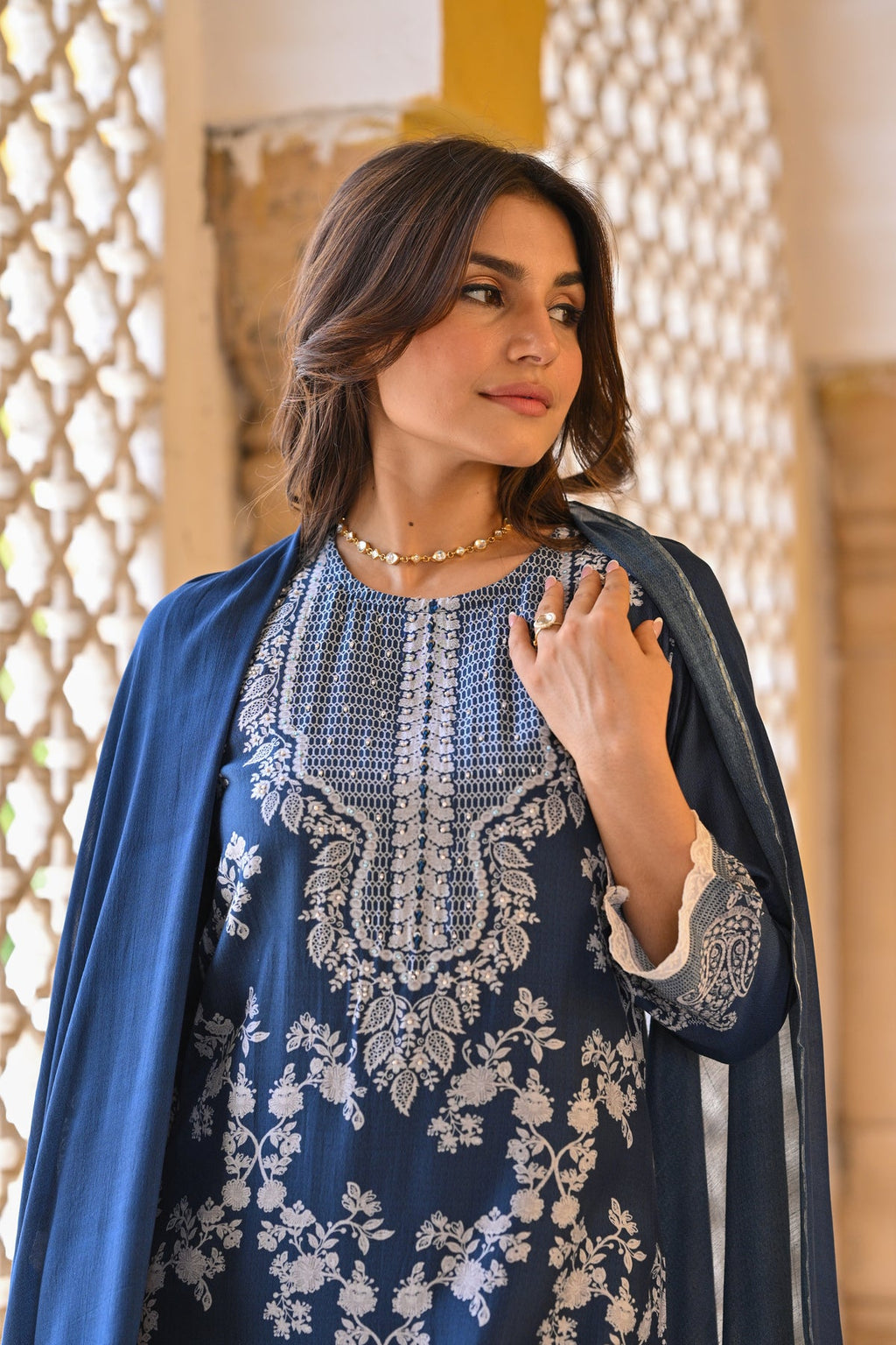 Midnight Teal Heritage Muslin Kurta Set with Allover White Kashmiri-Inspired Embroidery