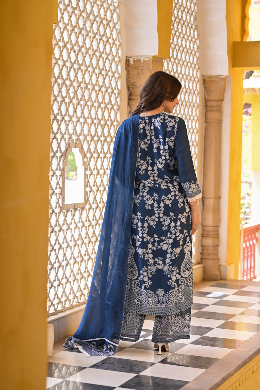 Midnight Teal Heritage Muslin Kurta Set with Allover White Kashmiri-Inspired Embroidery