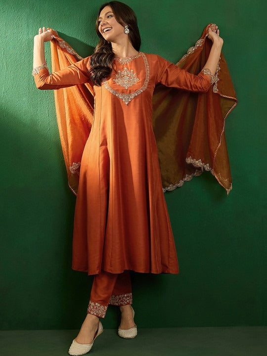 Sunset Orange Vichitra Silk Anarkali Set with Intricate Silver Zari Yoke & Scalloped Organza Dupatta
