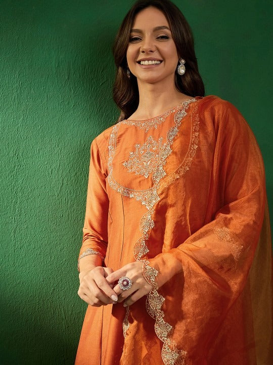 Sunset Orange Vichitra Silk Anarkali Set with Intricate Silver Zari Yoke & Scalloped Organza Dupatta