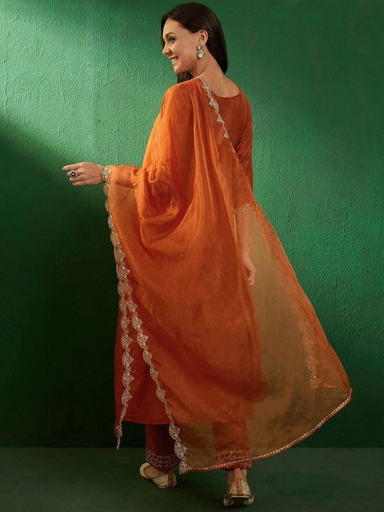 Sunset Orange Vichitra Silk Anarkali Set with Intricate Silver Zari Yoke & Scalloped Organza Dupatta