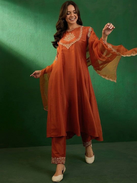 Sunset Orange Vichitra Silk Anarkali Set with Intricate Silver Zari Yoke & Scalloped Organza Dupatta