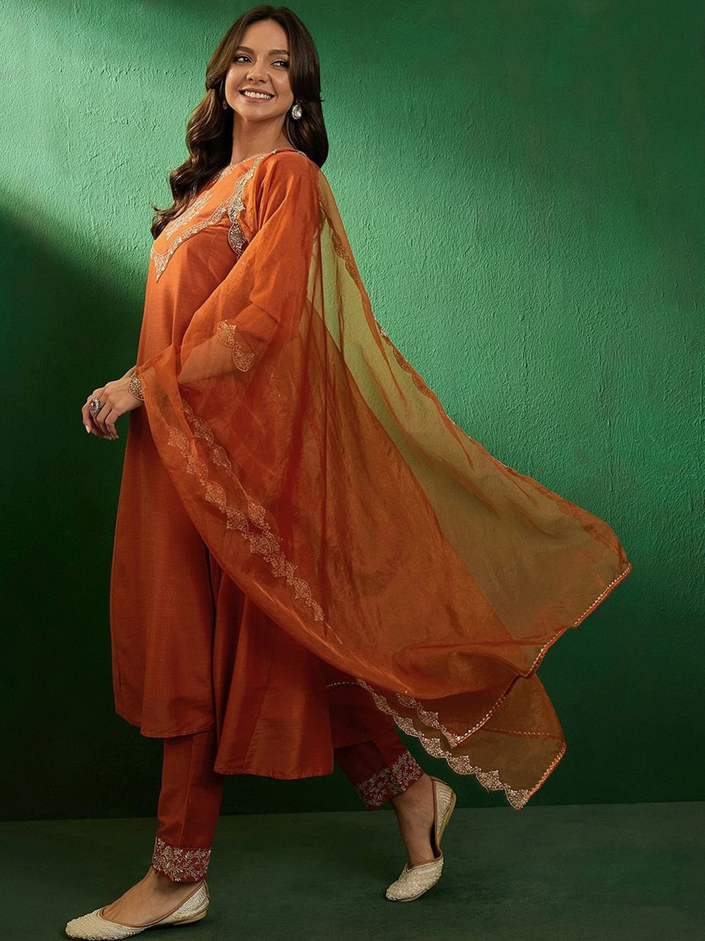 Sunset Orange Vichitra Silk Anarkali Set with Intricate Silver Zari Yoke & Scalloped Organza Dupatta