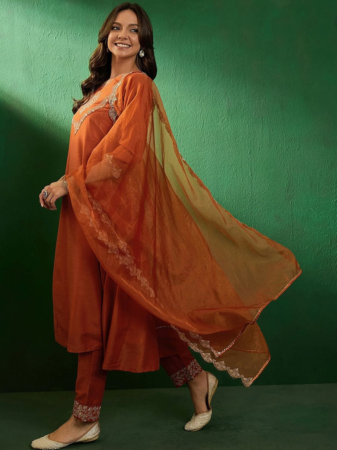 Sunset Orange Vichitra Silk Anarkali Set with Intricate Silver Zari Yoke & Scalloped Organza Dupatta