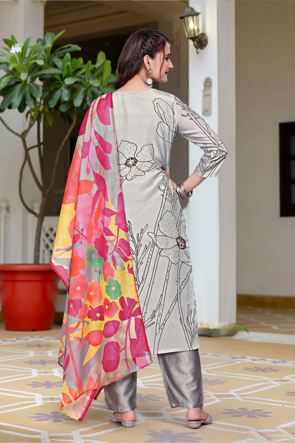 Contemporary French Crepe Salwar Suit Set with Artistic Digital Prints and Fluid Dupatta