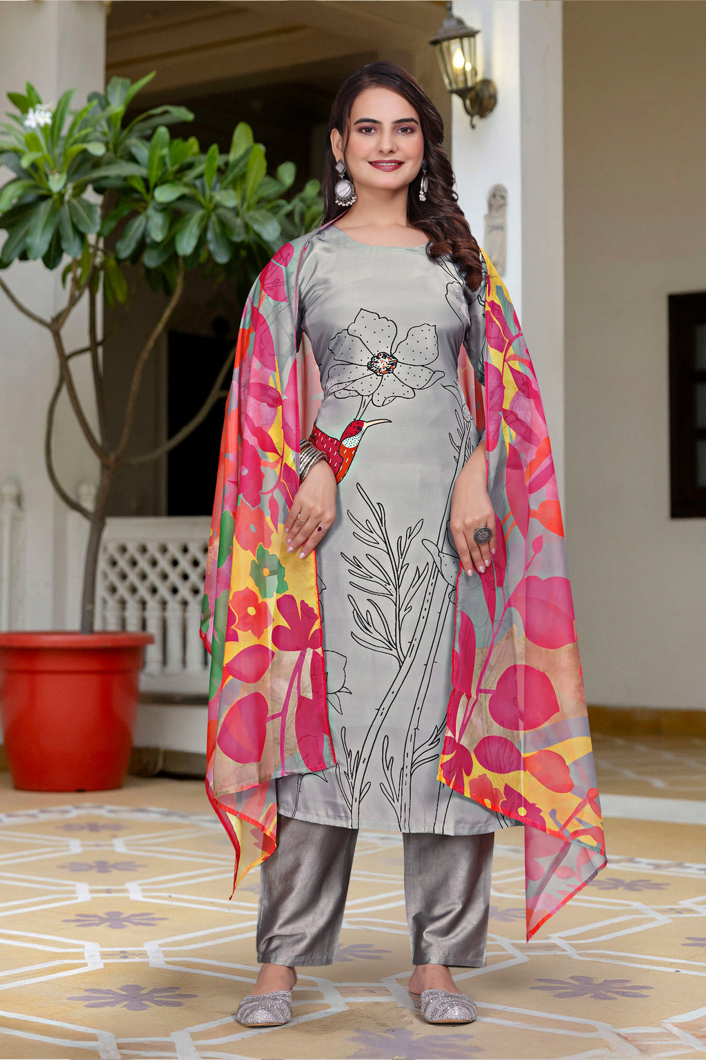 Contemporary French Crepe Salwar Suit Set with Artistic Digital Prints and Fluid Dupatta