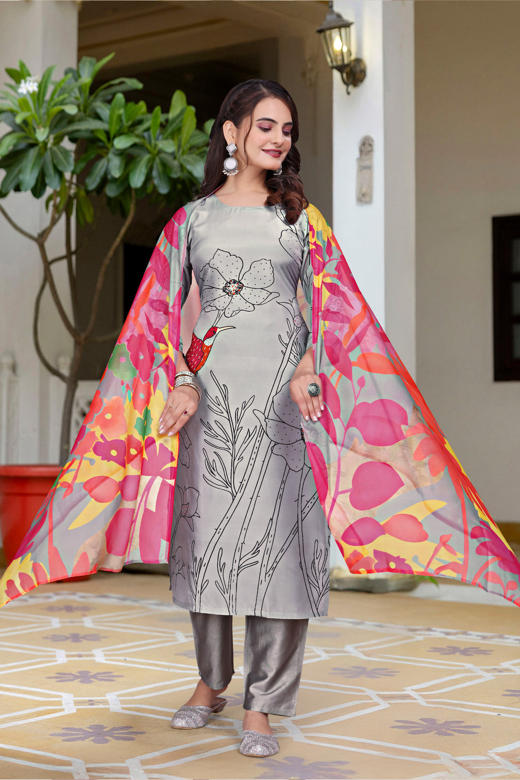 Contemporary French Crepe Salwar Suit Set with Artistic Digital Prints and Fluid Dupatta