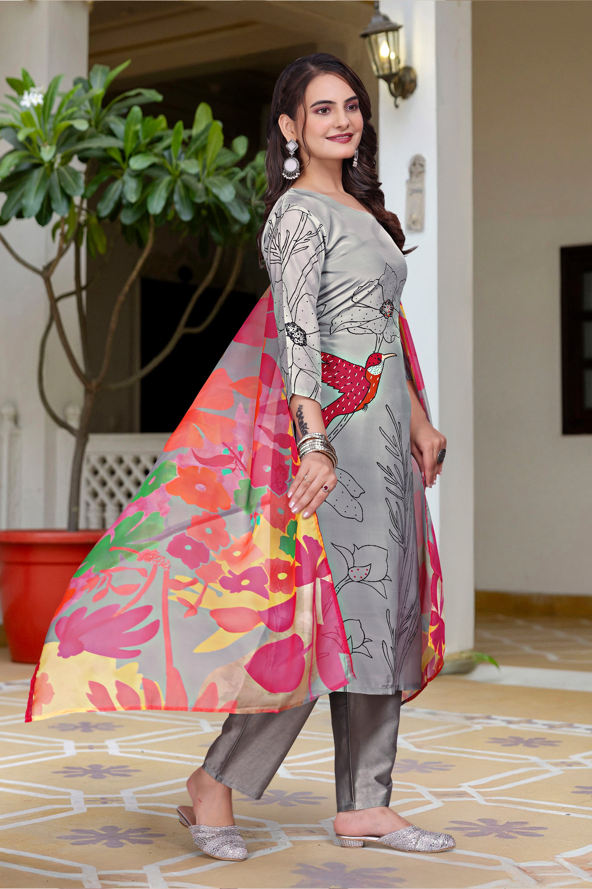 Contemporary French Crepe Salwar Suit Set with Artistic Digital Prints and Fluid Dupatta