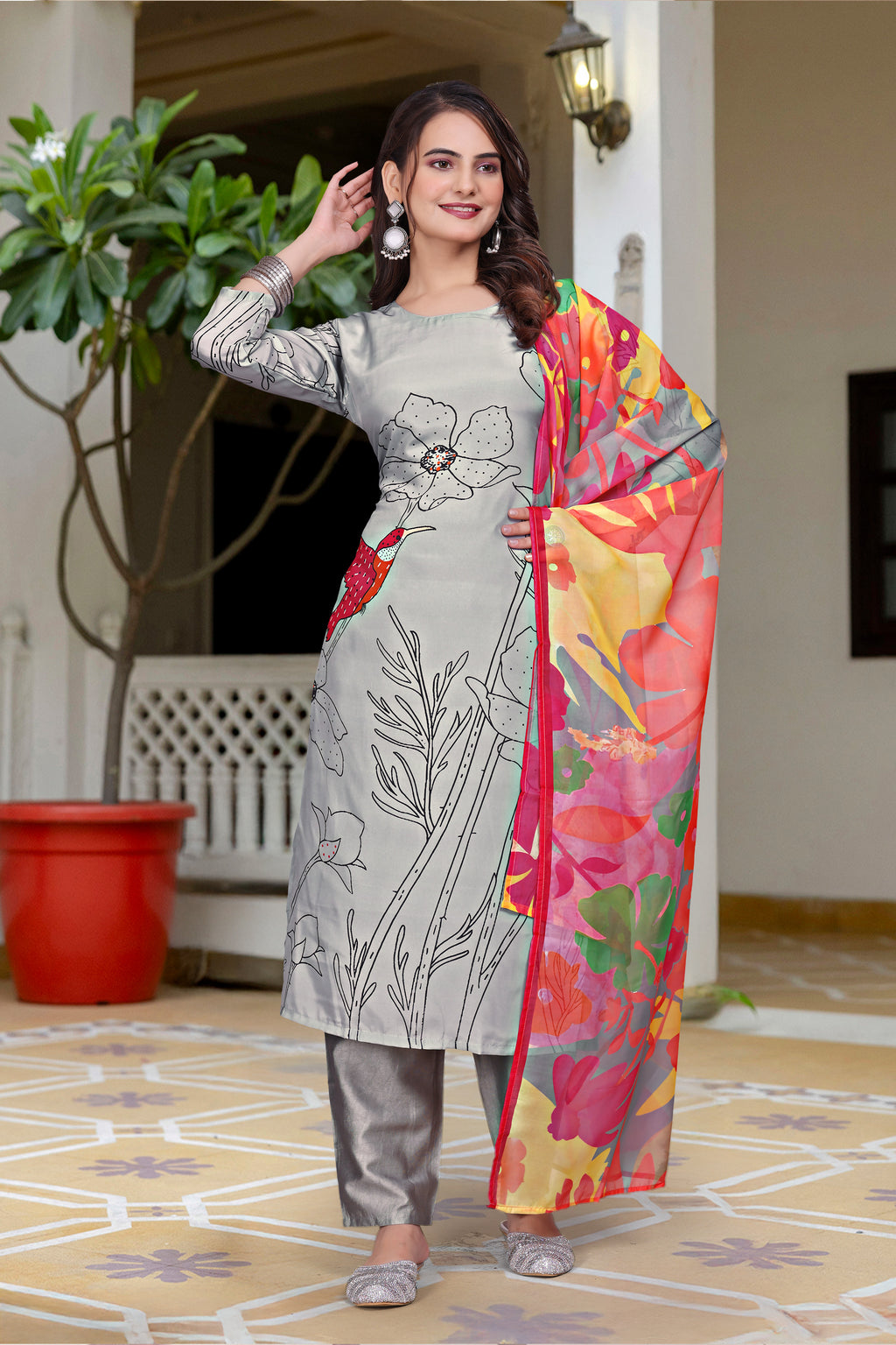 Contemporary French Crepe Salwar Suit Set with Artistic Digital Prints and Fluid Dupatta