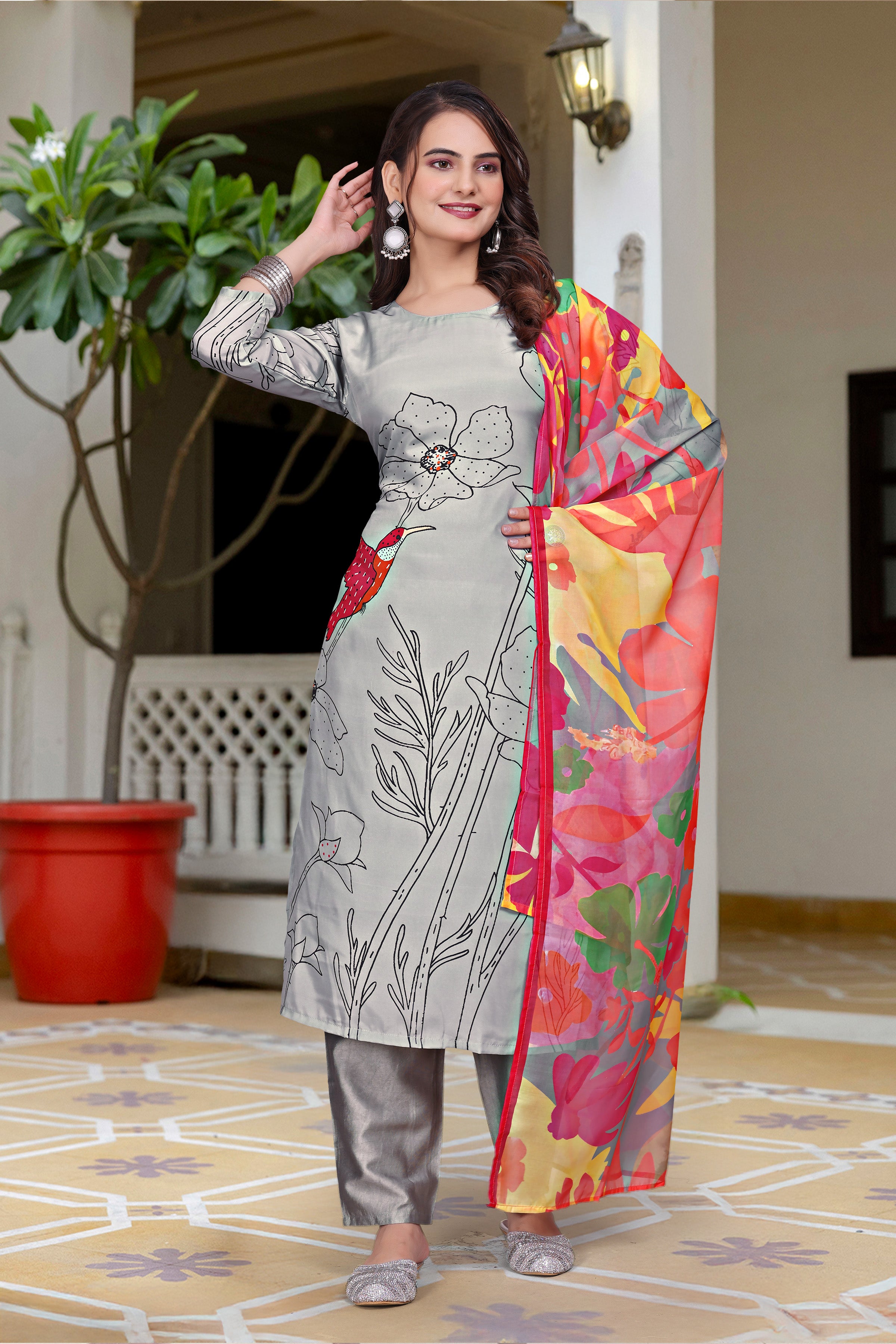 Contemporary French Crepe Salwar Suit Set with Artistic Digital Prints and Fluid Dupatta