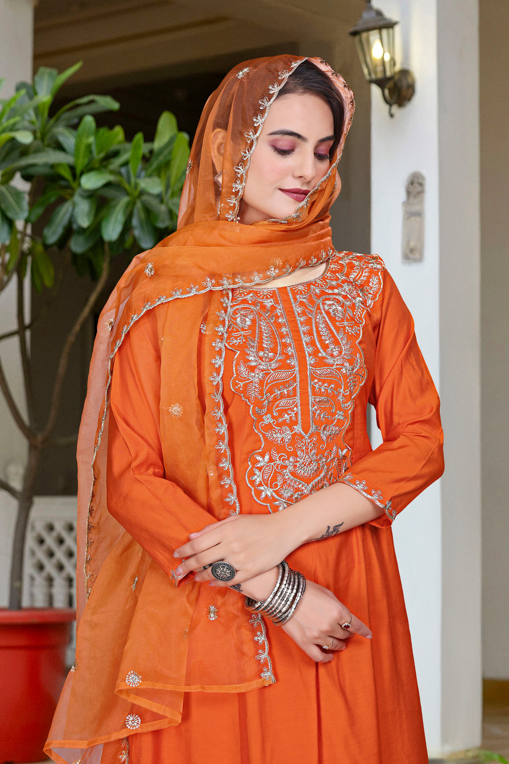 Vibrant Orange Vichitra Silk Anarkali Kurta Set with Intricate Silver Zari Embroidery & Scalloped Organza Dupatta