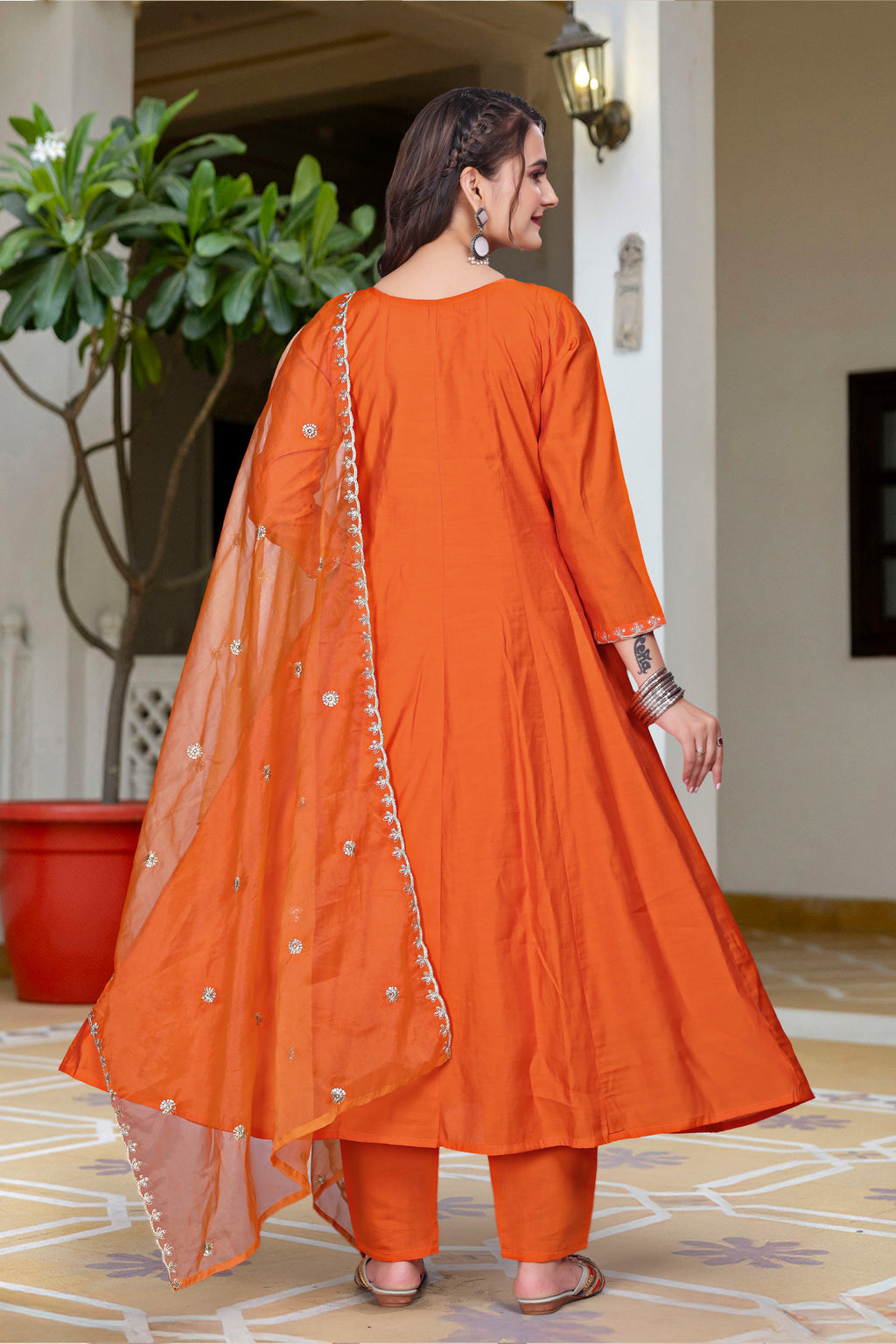 Vibrant Orange Vichitra Silk Anarkali Kurta Set with Intricate Silver Zari Embroidery & Scalloped Organza Dupatta