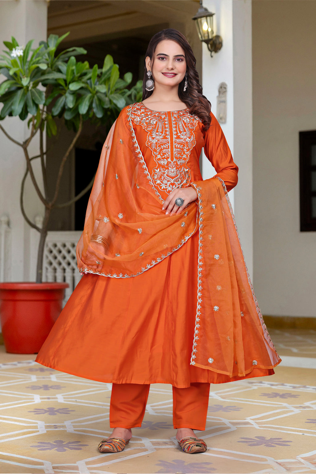 Vibrant Orange Vichitra Silk Anarkali Kurta Set with Intricate Silver Zari Embroidery & Scalloped Organza Dupatta