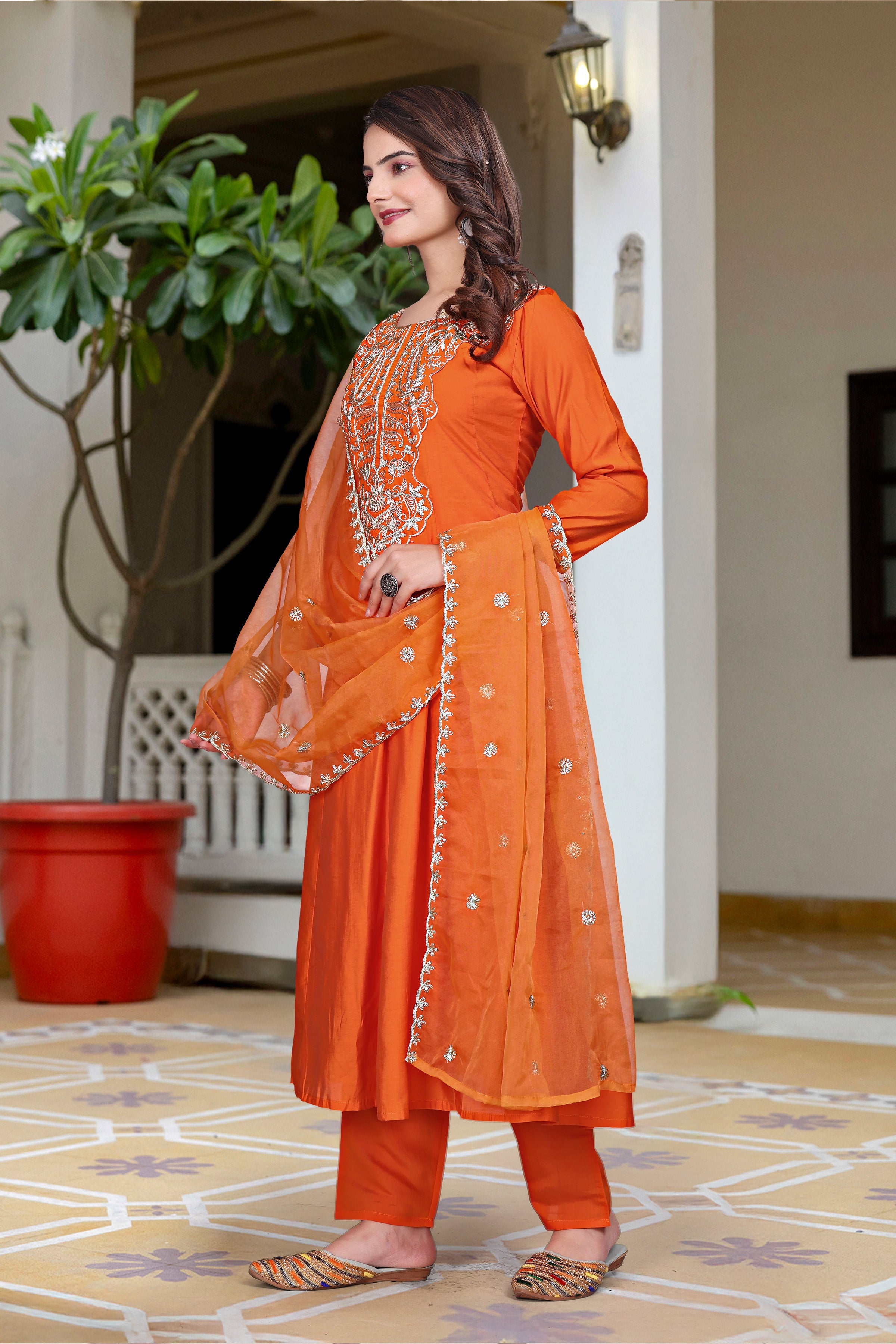 Vibrant Orange Vichitra Silk Anarkali Kurta Set with Intricate Silver Zari Embroidery & Scalloped Organza Dupatta
