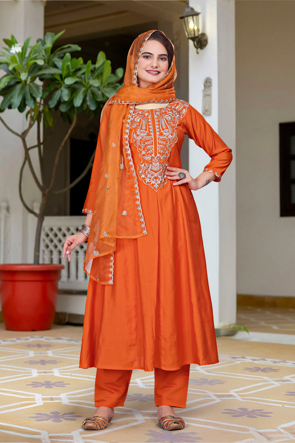 Vibrant Orange Vichitra Silk Anarkali Kurta Set with Intricate Silver Zari Embroidery & Scalloped Organza Dupatta
