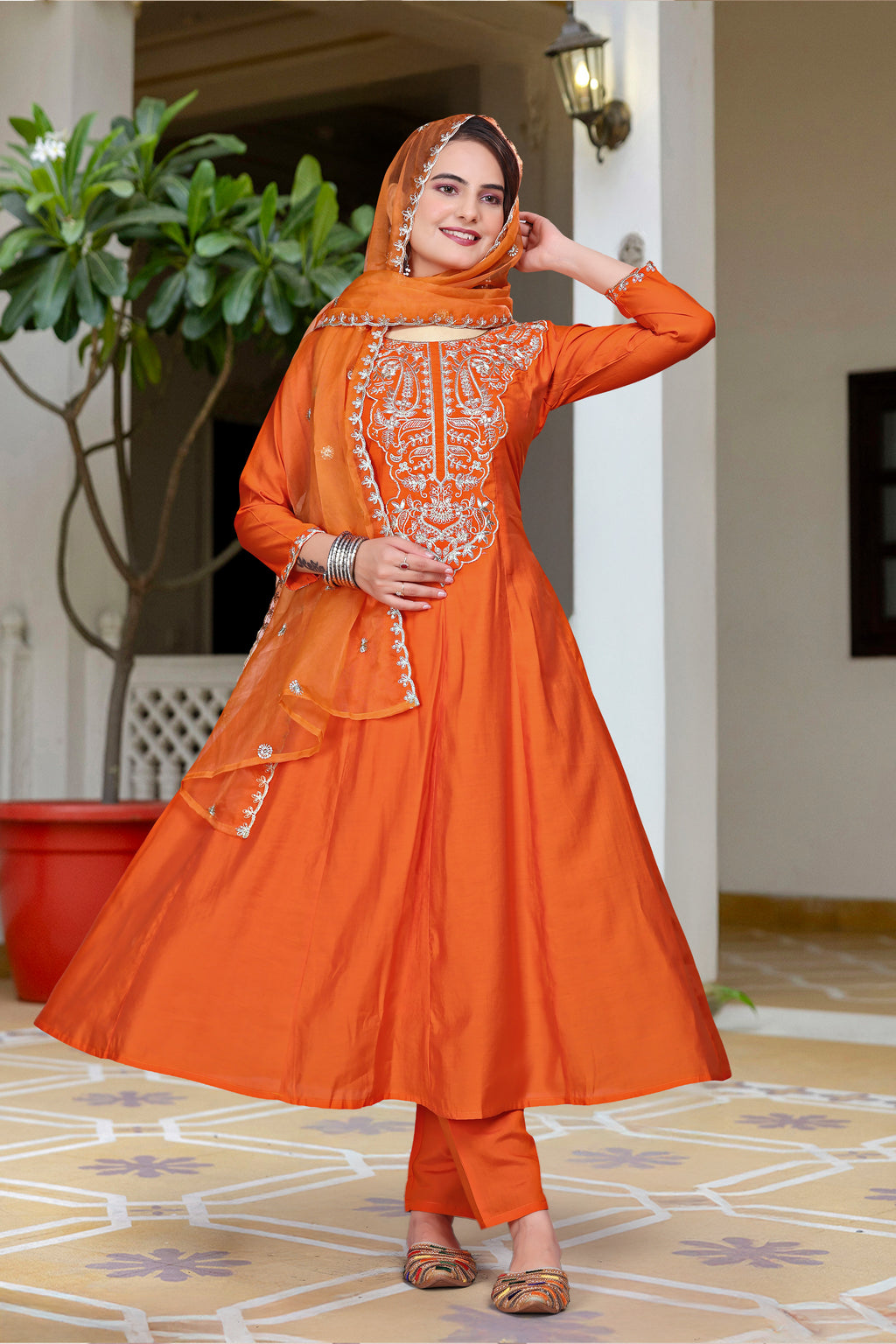 Vibrant Orange Vichitra Silk Anarkali Kurta Set with Intricate Silver Zari Embroidery & Scalloped Organza Dupatta