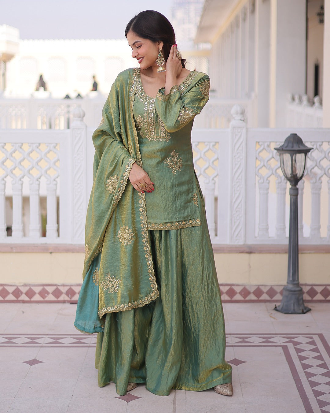 Elegant Sage Green Vichitra Embroidered Kurta Palazzo Set with Dupatta for Women
