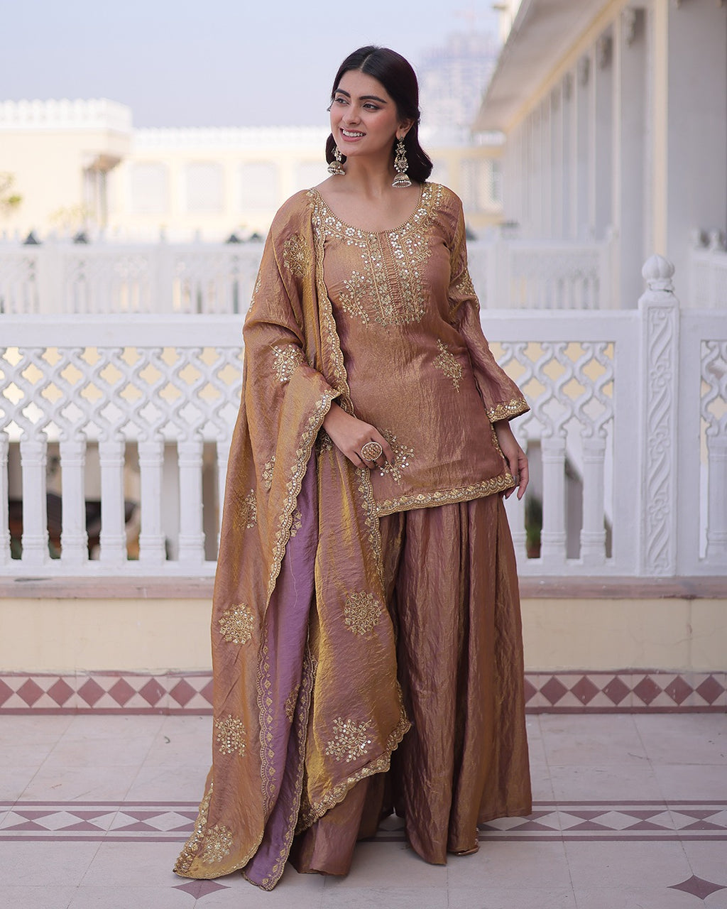 Elegant Mauve Vichitra Embroidered Kurta Palazzo Set with Dupatta for Women