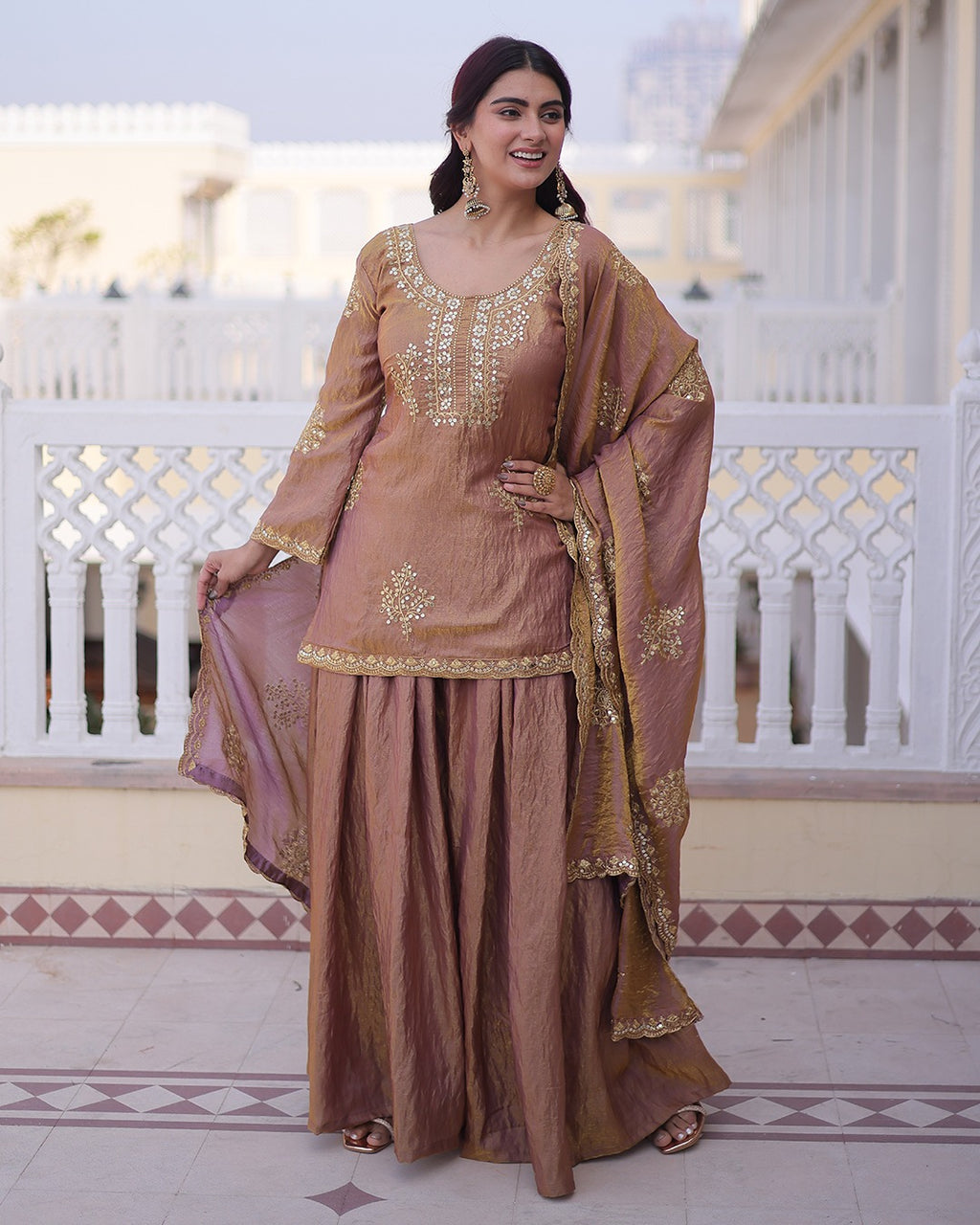 Elegant Mauve Vichitra Embroidered Kurta Palazzo Set with Dupatta for Women