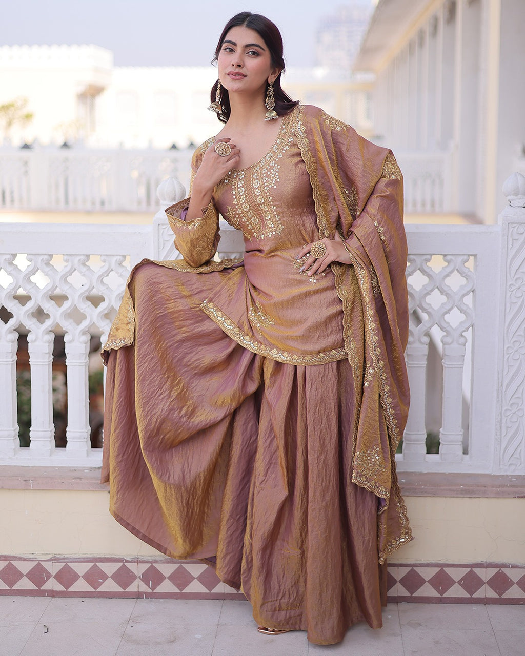 Elegant Mauve Vichitra Embroidered Kurta Palazzo Set with Dupatta for Women