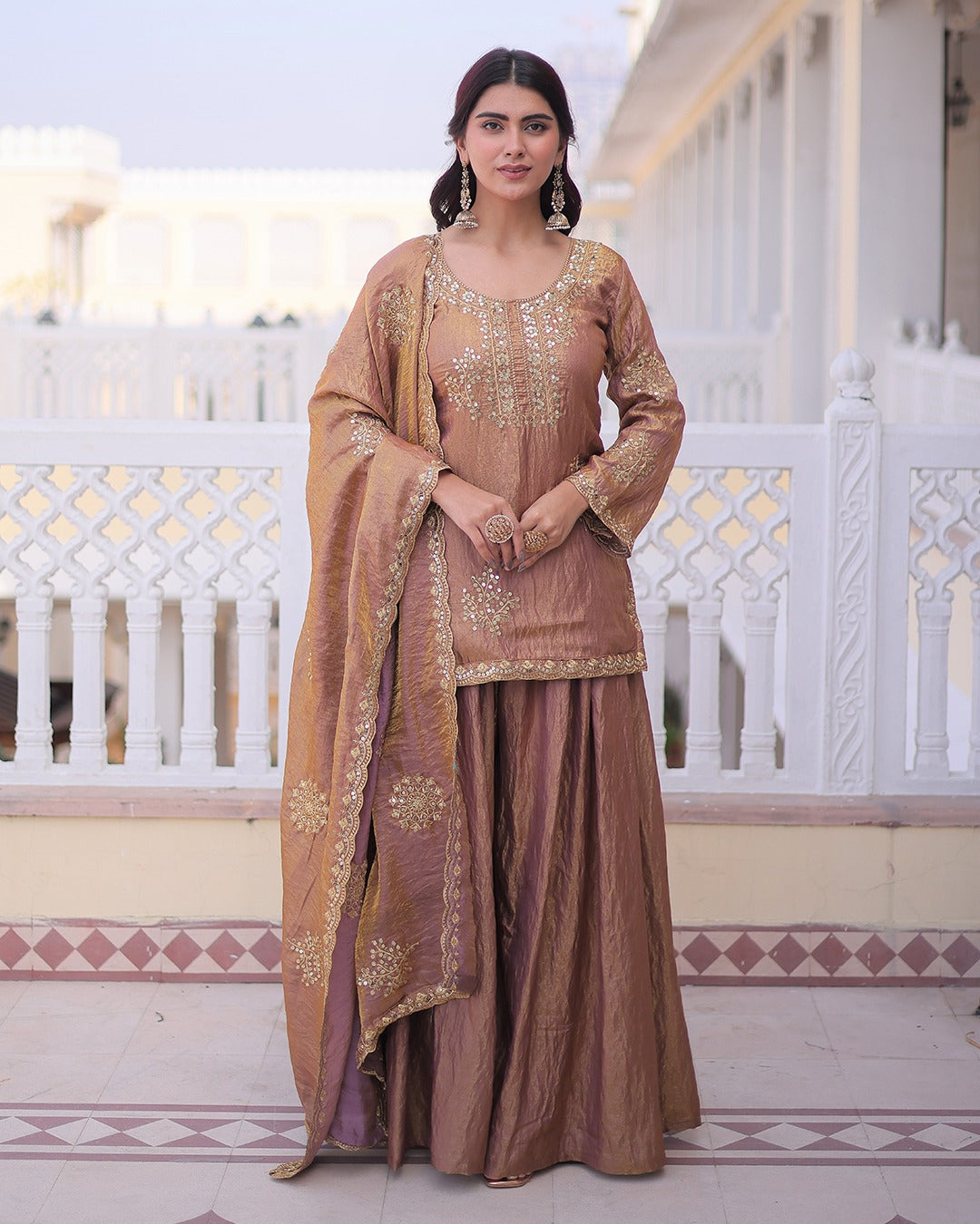 Elegant Mauve Vichitra Embroidered Kurta Palazzo Set with Dupatta for Women