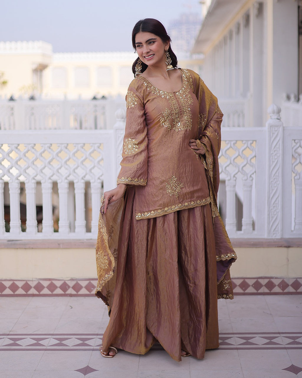 Elegant Mauve Vichitra Embroidered Kurta Palazzo Set with Dupatta for Women