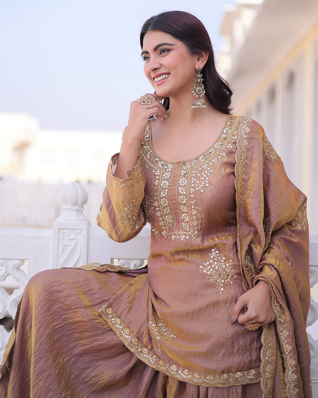 Elegant Mauve Vichitra Embroidered Kurta Palazzo Set with Dupatta for Women