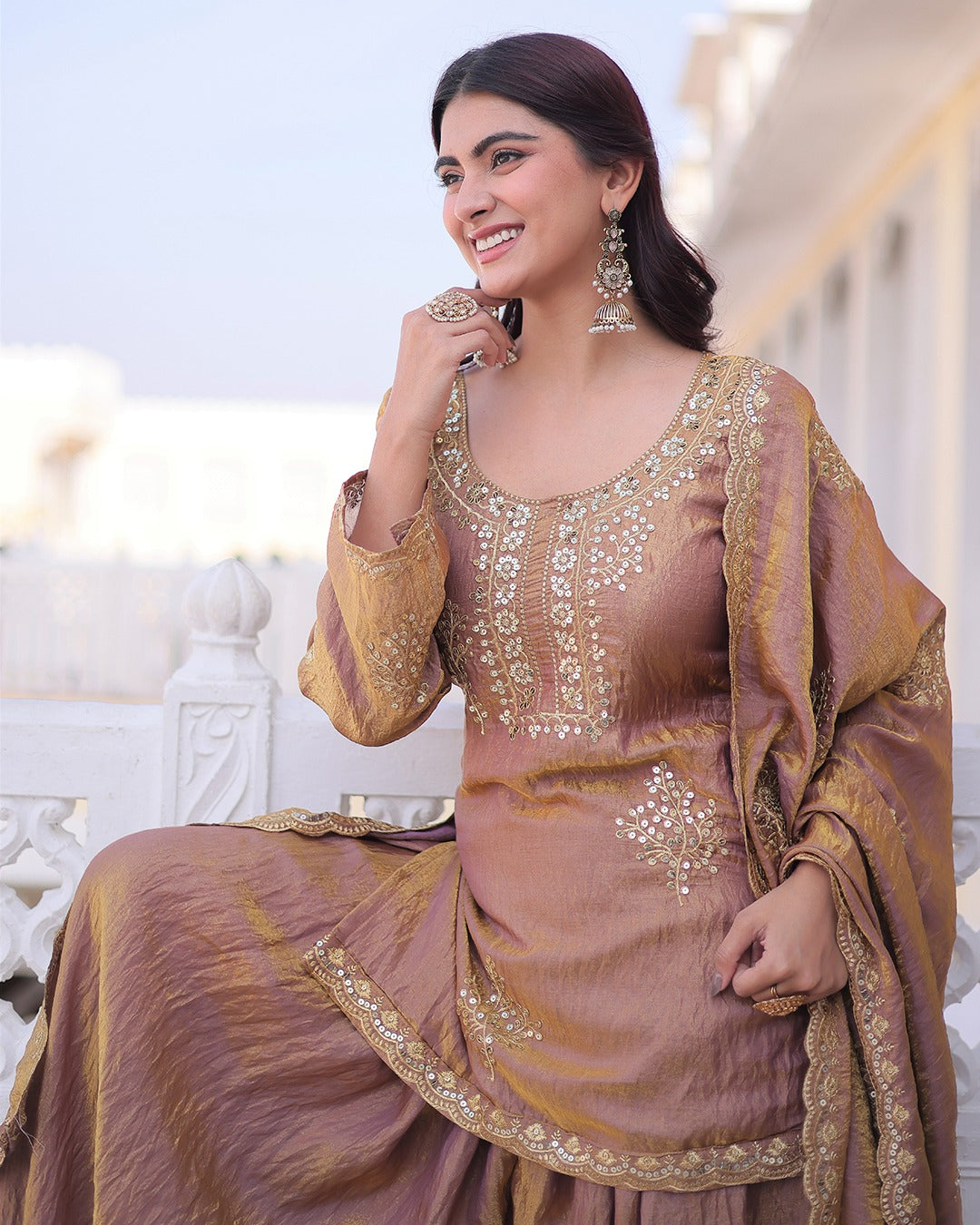 Elegant Mauve Vichitra Embroidered Kurta Palazzo Set with Dupatta for Women